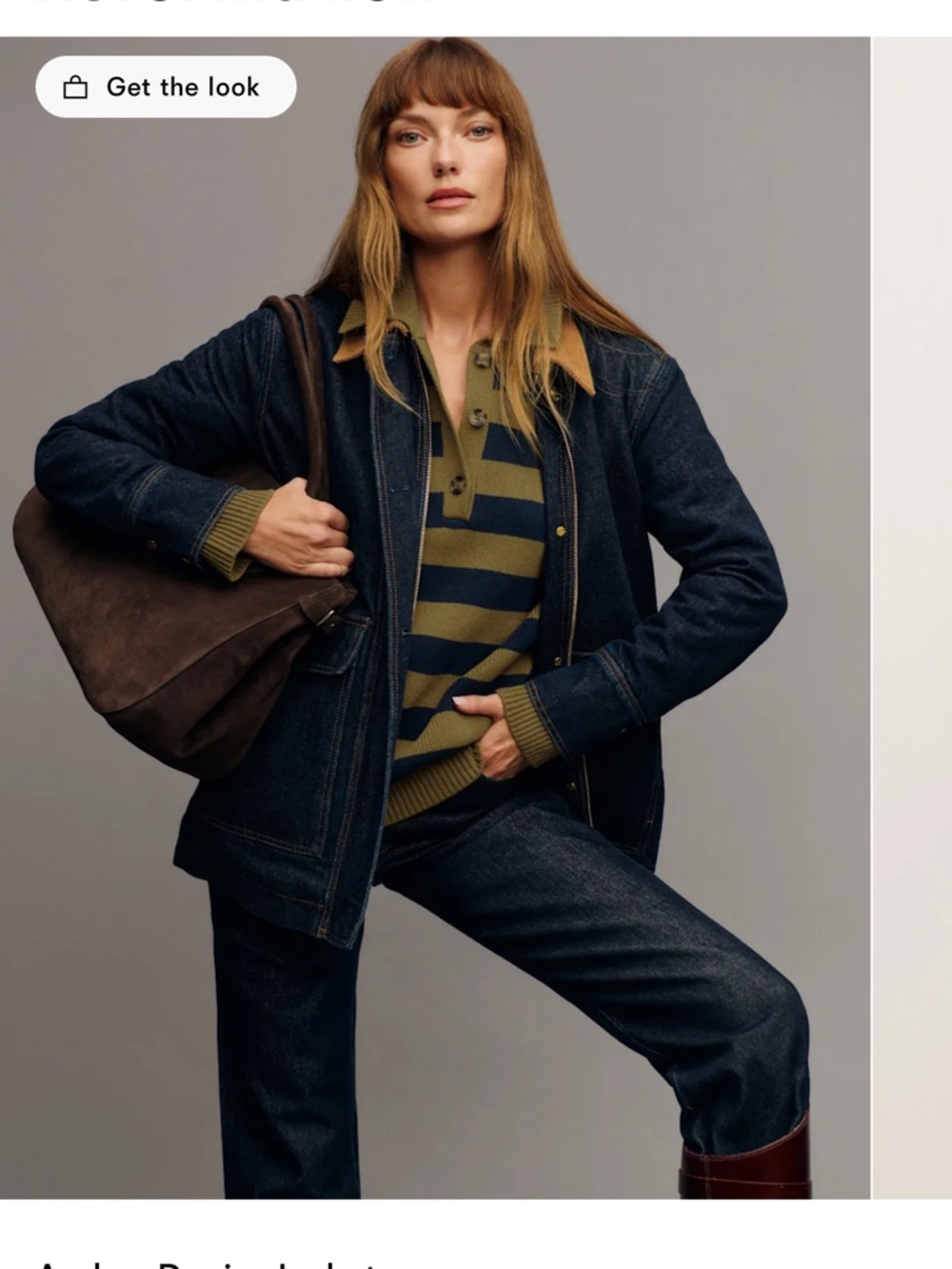Reformation Navy Denim Field Jacket with Brown Corduroy Collar - Picture 2 of 12